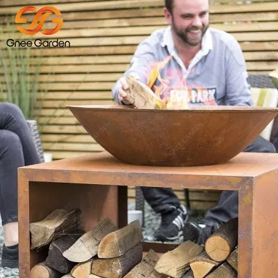 Corten Steel Metal Firepit and Firewood Storage4 Corten Steel Metal Firepit and Firewood Storage4